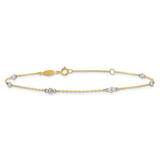 Tobillera de Oro de 14K Bicolor con Circonita Cúbica de 9 Pulgadas + Extensor de 1 Pulgada