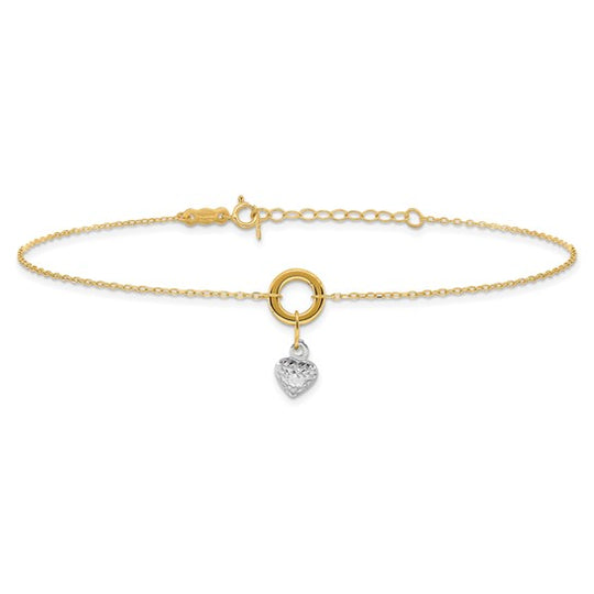 Tobillera de Círculo Bicolor de 14K con Corazón de Corte Diamante de 9 Pulgadas + Extensión de 1 Pulgada