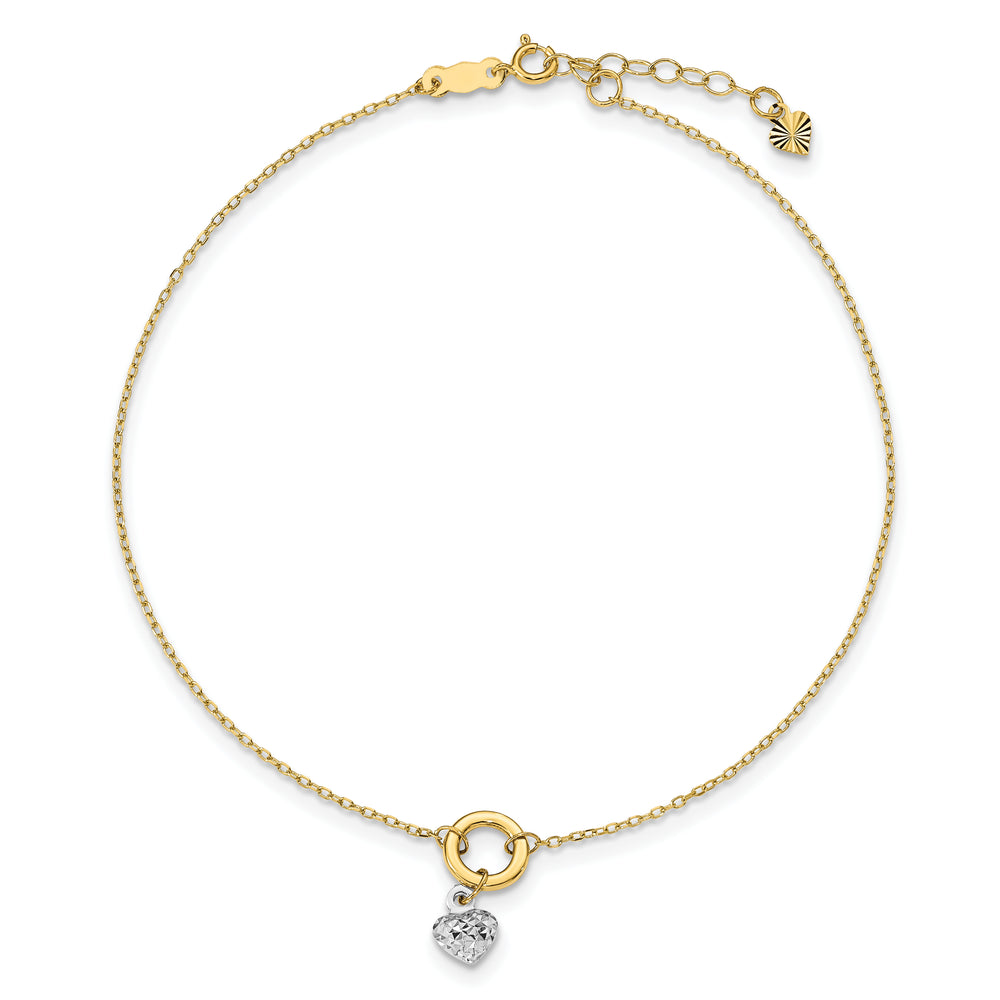 Tobillera de Círculo Bicolor de 14K con Corazón de Corte Diamante de 9 Pulgadas + Extensión de 1 Pulgada