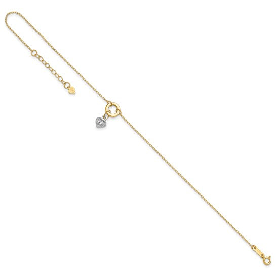 Tobillera de Círculo Bicolor de 14K con Corazón de Corte Diamante de 9 Pulgadas + Extensión de 1 Pulgada