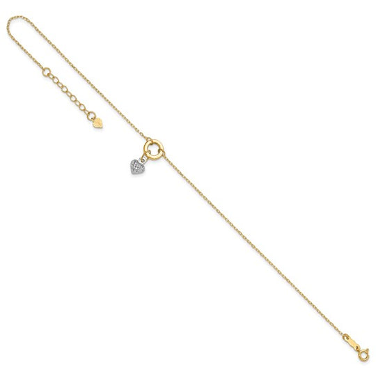 Tobillera de Círculo Bicolor de 14K con Corazón de Corte Diamante de 9 Pulgadas + Extensión de 1 Pulgada