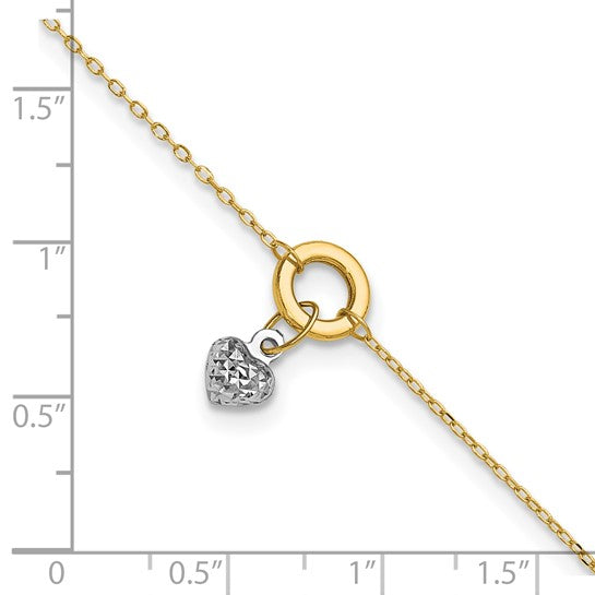 Tobillera de Círculo Bicolor de 14K con Corazón de Corte Diamante de 9 Pulgadas + Extensión de 1 Pulgada