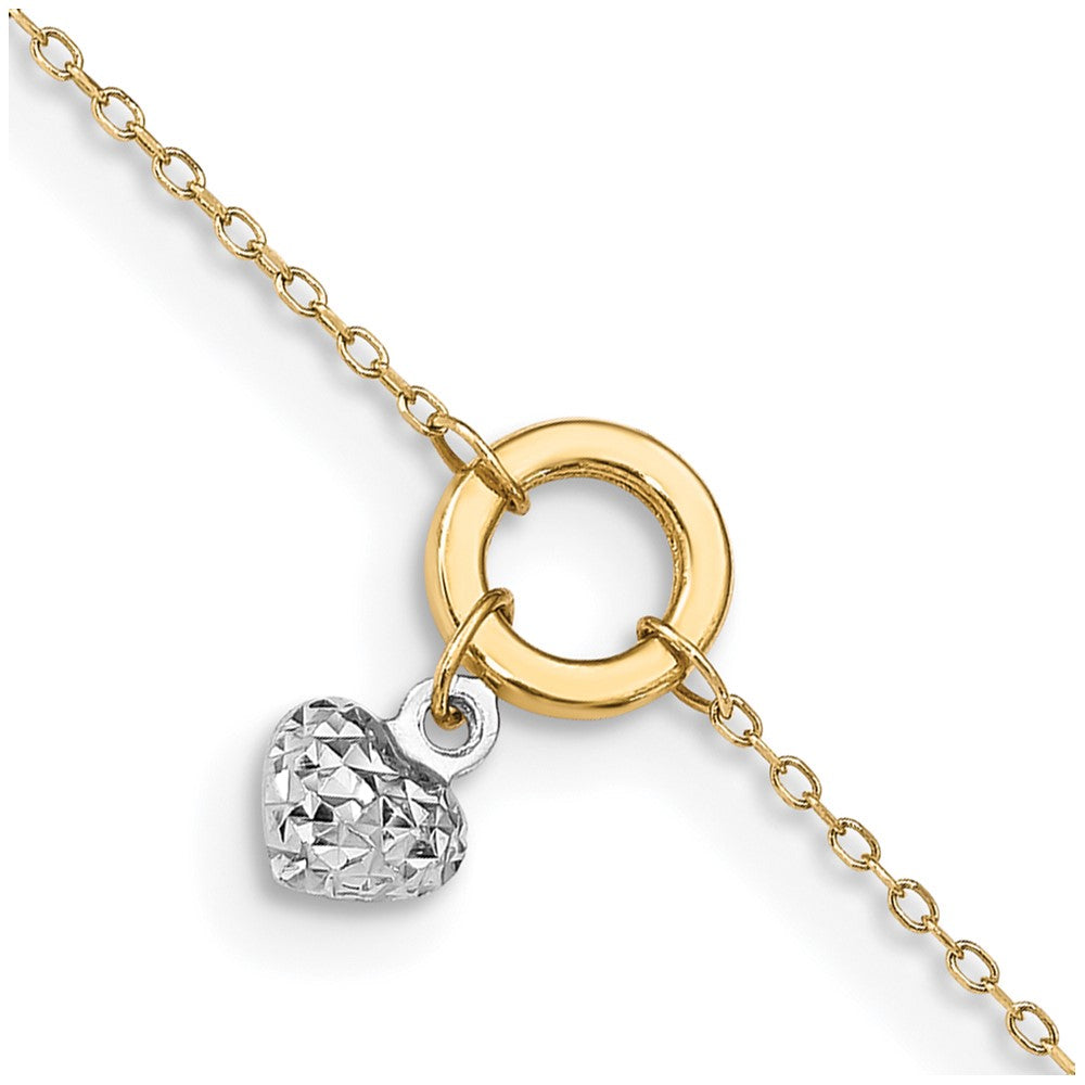 Tobillera de Círculo Bicolor de 14K con Corazón de Corte Diamante de 9 Pulgadas + Extensión de 1 Pulgada