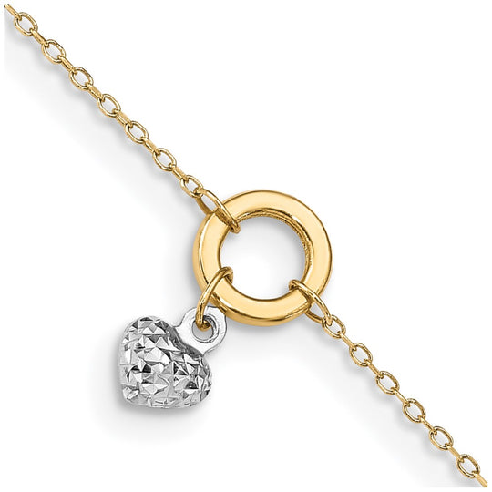 Tobillera de Círculo Bicolor de 14K con Corazón de Corte Diamante de 9 Pulgadas + Extensión de 1 Pulgada
