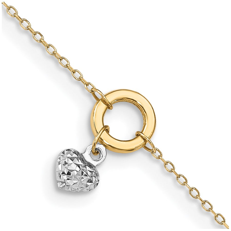 Tobillera de Círculo Bicolor de 14K con Corazón de Corte Diamante de 9 Pulgadas + Extensión de 1 Pulgada