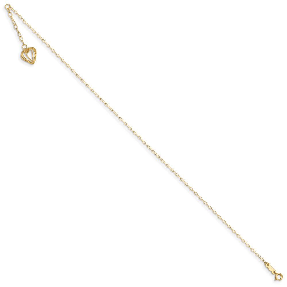 Tobillera de 14K con Cadena de Eslabones Ovalados y Jaula Corazón Cortado en Diamante de 9 Pulgadas más 1 Pulgada de Extensión