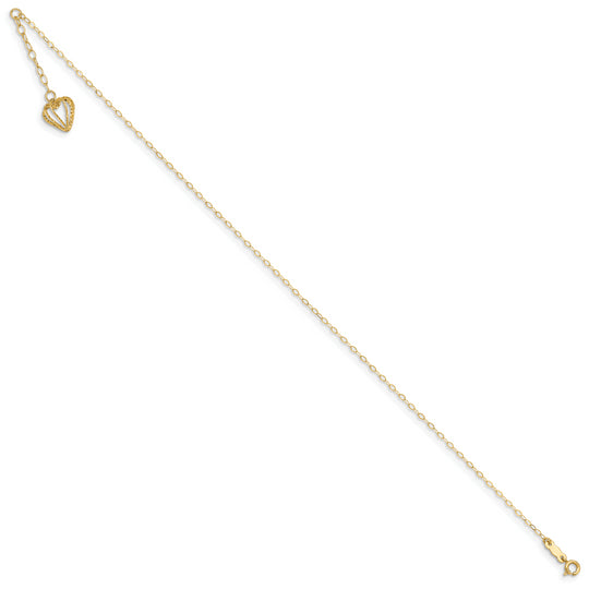 Tobillera de 14K con Cadena de Eslabones Ovalados y Jaula Corazón Cortado en Diamante de 9 Pulgadas más 1 Pulgada de Extensión