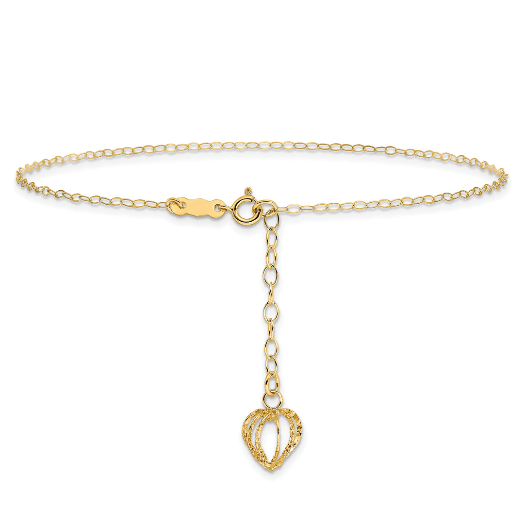 Tobillera de 14K con Cadena de Eslabones Ovalados y Jaula Corazón Cortado en Diamante de 9 Pulgadas más 1 Pulgada de Extensión