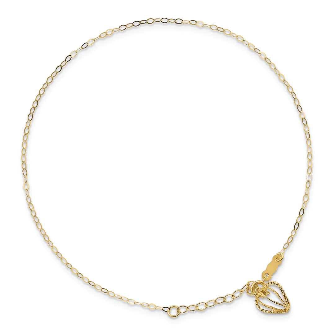 Tobillera de 14K con Cadena de Eslabones Ovalados y Jaula Corazón Cortado en Diamante de 9 Pulgadas más 1 Pulgada de Extensión