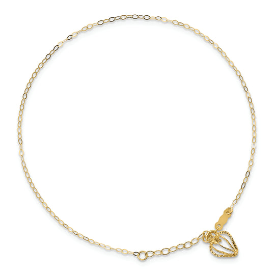 Tobillera de 14K con Cadena de Eslabones Ovalados y Jaula Corazón Cortado en Diamante de 9 Pulgadas más 1 Pulgada de Extensión