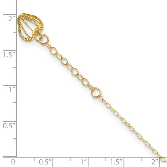 Tobillera de 14K con Cadena de Eslabones Ovalados y Jaula Corazón Cortado en Diamante de 9 Pulgadas más 1 Pulgada de Extensión