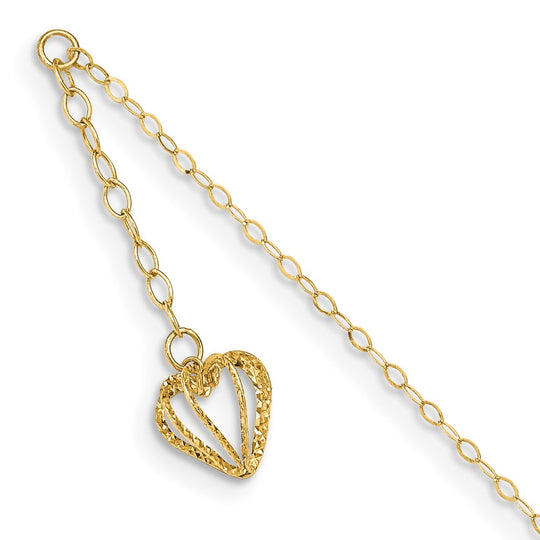 Tobillera de 14K con Cadena de Eslabones Ovalados y Jaula Corazón Cortado en Diamante de 9 Pulgadas más 1 Pulgada de Extensión