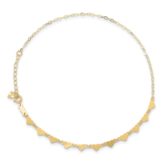Tobillera de Enlace Ovalado con Corazones de 14K con Extensión de 1 pulgada de 9 Pulgadas