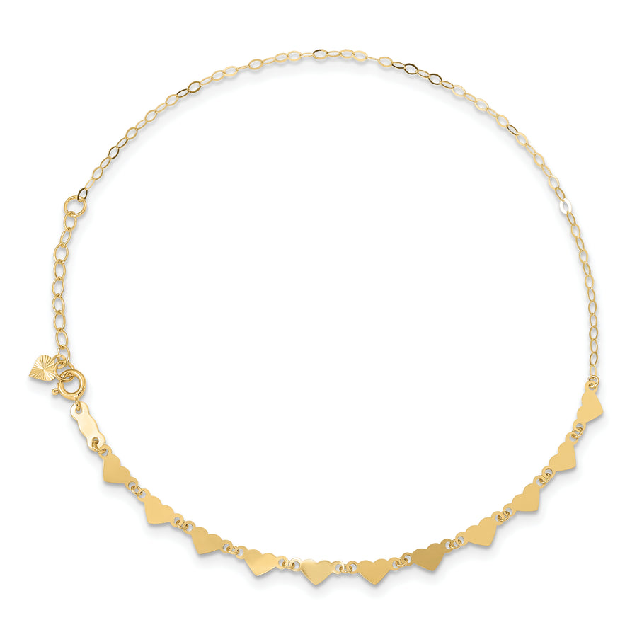 Tobillera de Enlace Ovalado con Corazones de 14K con Extensión de 1 pulgada de 9 Pulgadas