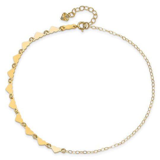Tobillera de Enlace Ovalado con Corazones de 14K con Extensión de 1 pulgada de 9 Pulgadas