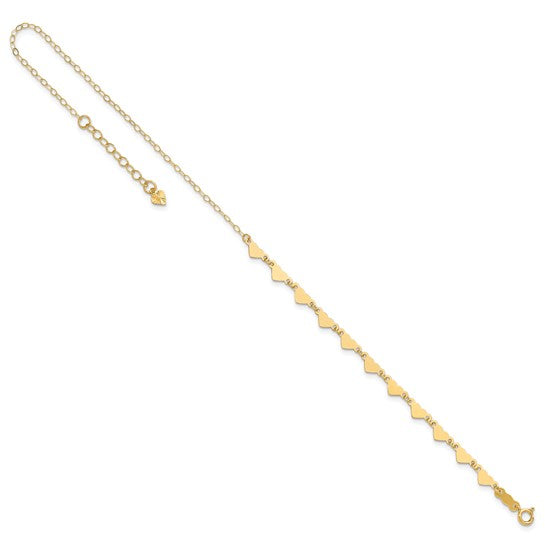 Tobillera de Enlace Ovalado con Corazones de 14K con Extensión de 1 pulgada de 9 Pulgadas