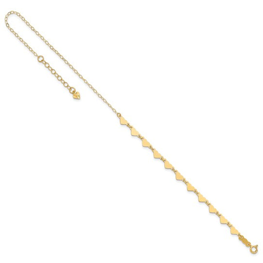 Tobillera de Enlace Ovalado con Corazones de 14K con Extensión de 1 pulgada de 9 Pulgadas