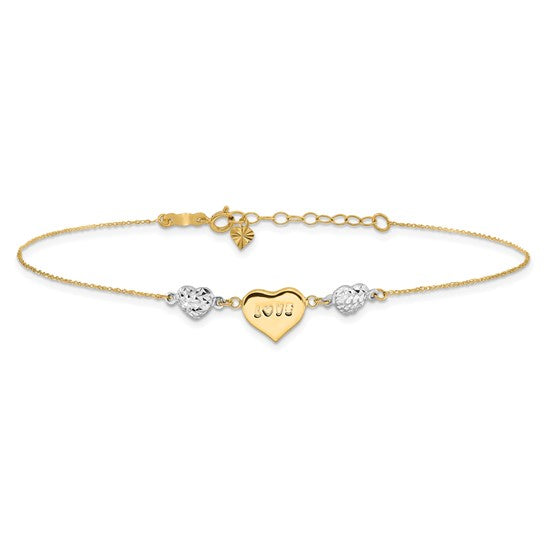 Tobillera 14K Bicolor con Corazón Abombado Cortado con Diamante LOVE 9Pulgadas Más Extensión de 1 Pulgada