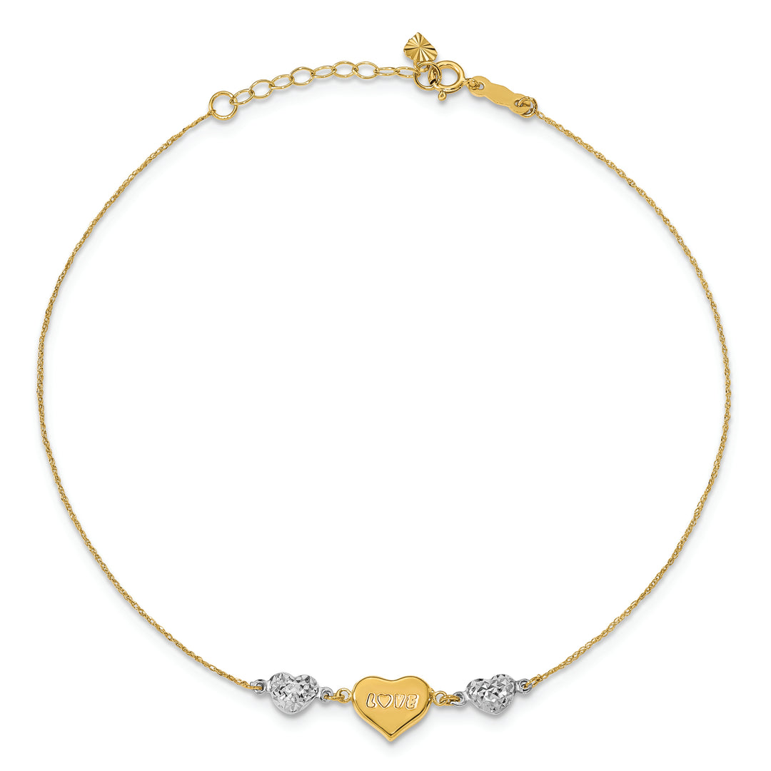 Tobillera 14K Bicolor con Corazón Abombado Cortado con Diamante LOVE 9Pulgadas Más Extensión de 1 Pulgada