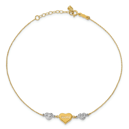 Tobillera 14K Bicolor con Corazón Abombado Cortado con Diamante LOVE 9Pulgadas Más Extensión de 1 Pulgada