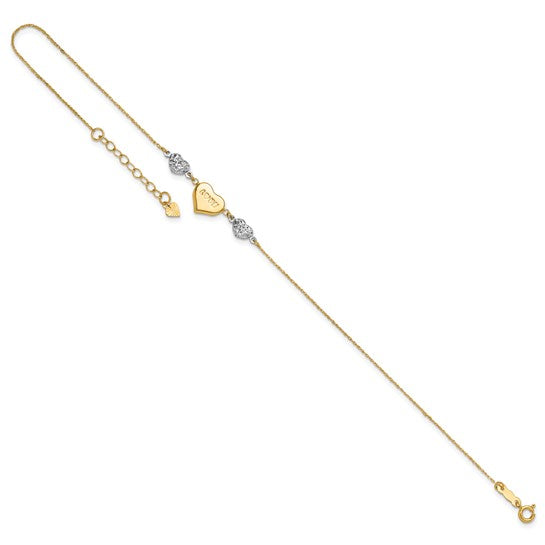 Tobillera 14K Bicolor con Corazón Abombado Cortado con Diamante LOVE 9Pulgadas Más Extensión de 1 Pulgada