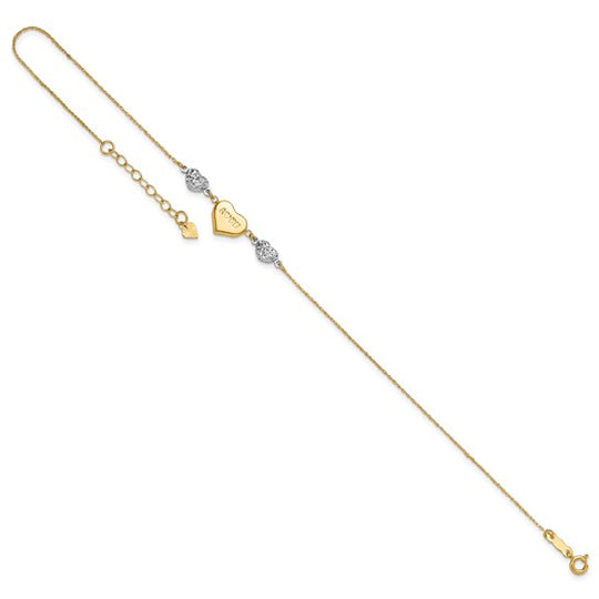 Tobillera 14K Bicolor con Corazón Abombado Cortado con Diamante LOVE 9Pulgadas Más Extensión de 1 Pulgada