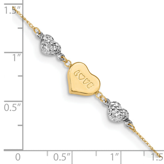 Tobillera 14K Bicolor con Corazón Abombado Cortado con Diamante LOVE 9Pulgadas Más Extensión de 1 Pulgada