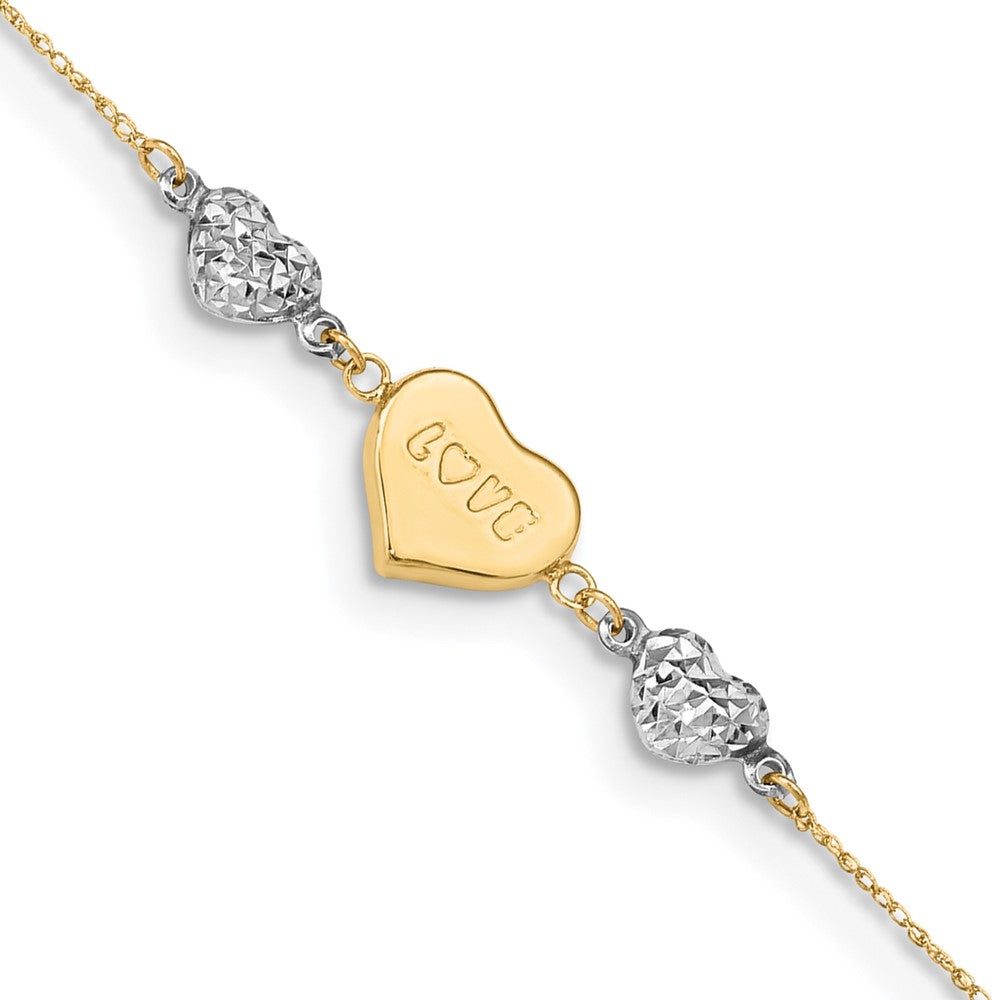 Tobillera 14K Bicolor con Corazón Abombado Cortado con Diamante LOVE 9Pulgadas Más Extensión de 1 Pulgada