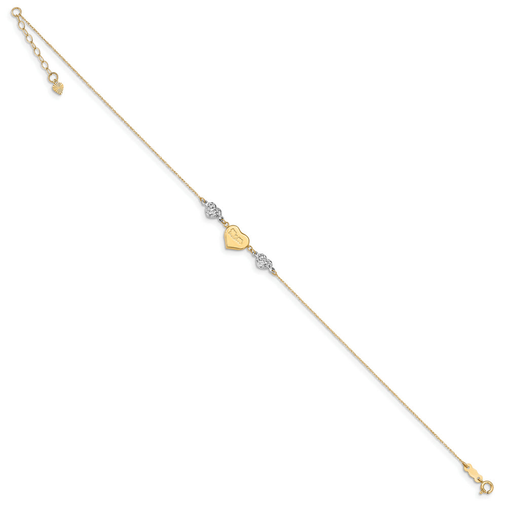 Tobillera de Corazones Puffed de Dos Tonos con Corte Diamante "MOM" de 14K con Extensión de 1 Pulgada