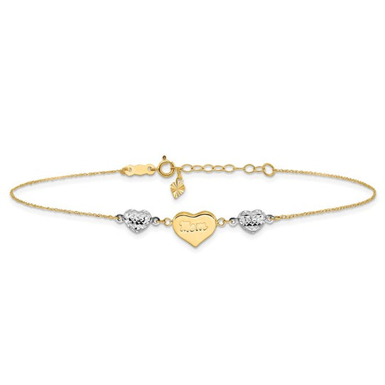 Tobillera de Corazones Puffed de Dos Tonos con Corte Diamante "MOM" de 14K con Extensión de 1 Pulgada
