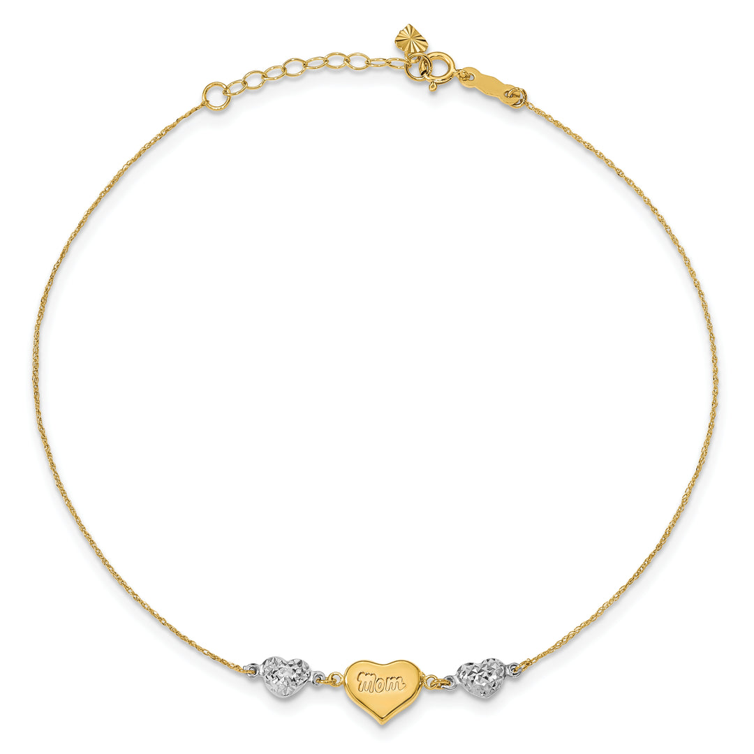 Tobillera de Corazones Puffed de Dos Tonos con Corte Diamante "MOM" de 14K con Extensión de 1 Pulgada