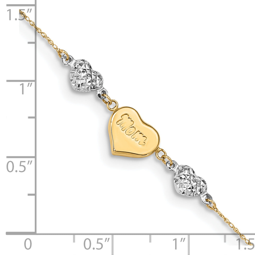 Tobillera de Corazones Puffed de Dos Tonos con Corte Diamante "MOM" de 14K con Extensión de 1 Pulgada