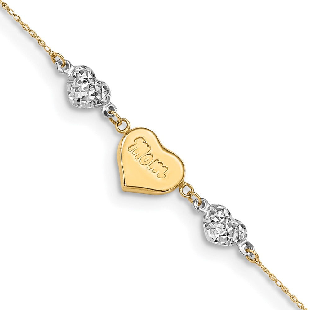 Tobillera de Corazones Puffed de Dos Tonos con Corte Diamante "MOM" de 14K con Extensión de 1 Pulgada