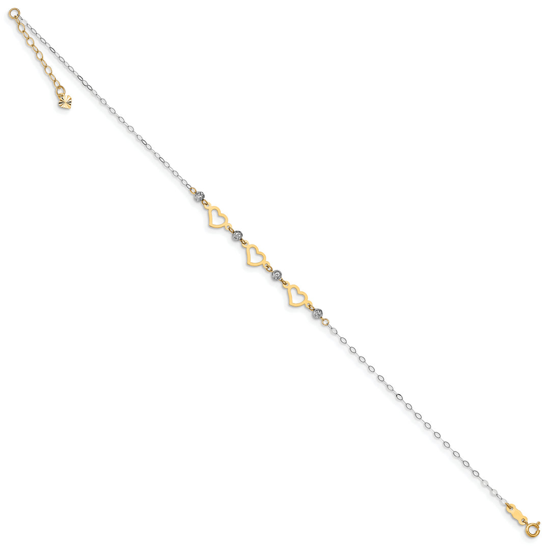 Tobillera de Enlaces Ovalados de 14K Bicolor con Cuentas Cortadas con Diamante y Corazón de 9 pulgadas + 1 pulgada de Extensión