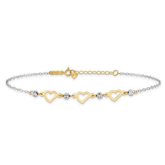 Tobillera de Enlaces Ovalados de 14K Bicolor con Cuentas Cortadas con Diamante y Corazón de 9 pulgadas + 1 pulgada de Extensión