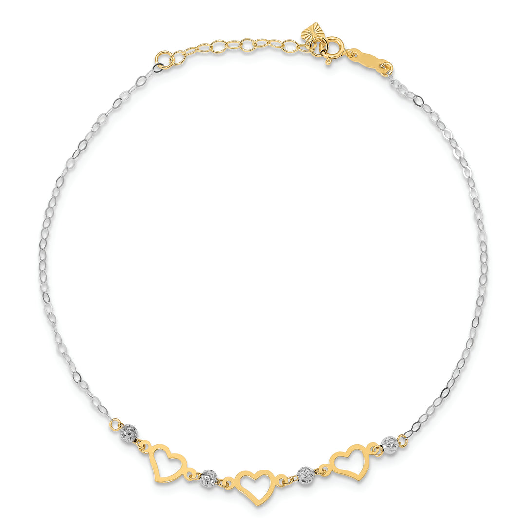 Tobillera de Enlaces Ovalados de 14K Bicolor con Cuentas Cortadas con Diamante y Corazón de 9 pulgadas + 1 pulgada de Extensión
