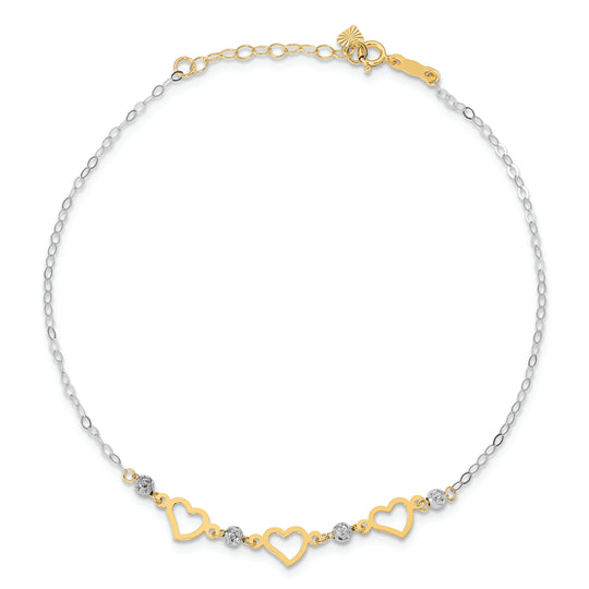 Tobillera de Enlaces Ovalados de 14K Bicolor con Cuentas Cortadas con Diamante y Corazón de 9 pulgadas + 1 pulgada de Extensión