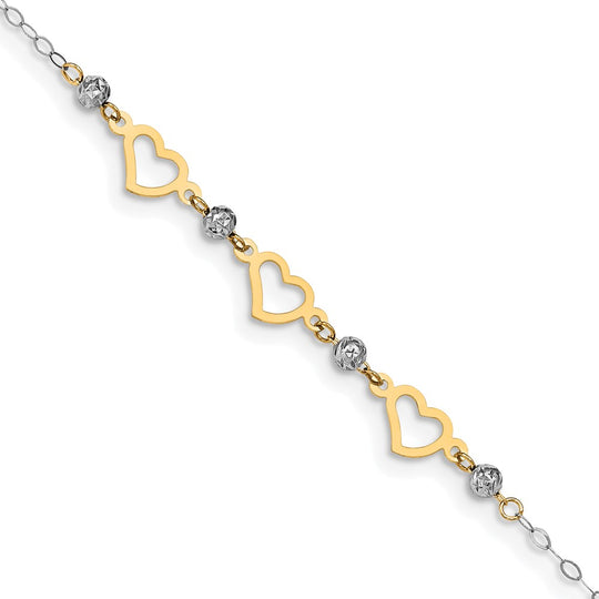 Tobillera de Enlaces Ovalados de 14K Bicolor con Cuentas Cortadas con Diamante y Corazón de 9 pulgadas + 1 pulgada de Extensión