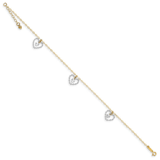 Tobillera de Oro de Dos Tonos 14K con Corazones Retorcidos y Diamond-Cut de 9 Pulgadas + 1 Pulgada de Extensor