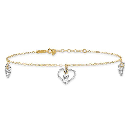 Tobillera de Oro de Dos Tonos 14K con Corazones Retorcidos y Diamond-Cut de 9 Pulgadas + 1 Pulgada de Extensor