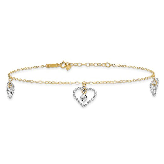 Tobillera de Oro de Dos Tonos 14K con Corazones Retorcidos y Diamond-Cut de 9 Pulgadas + 1 Pulgada de Extensor