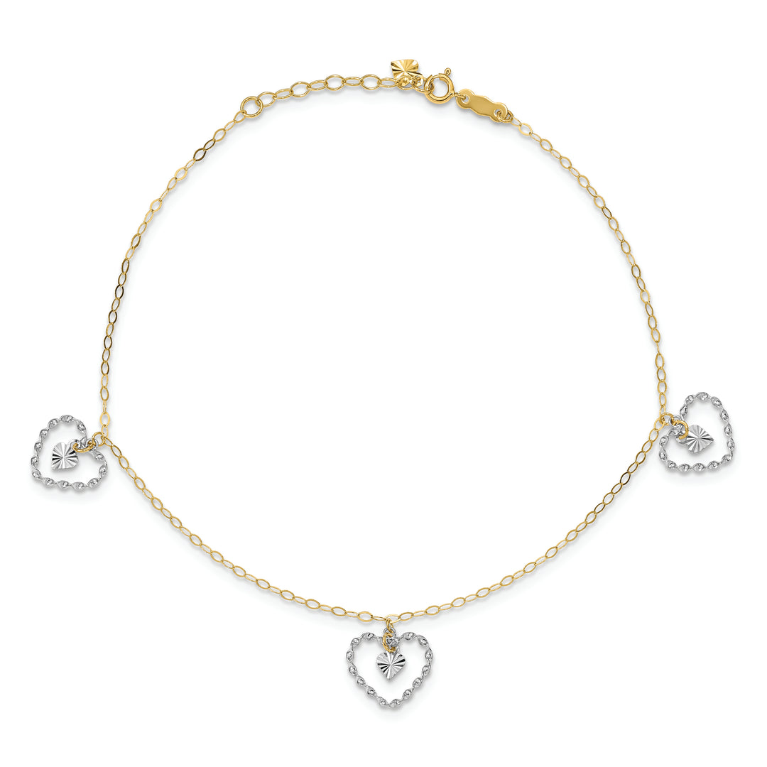 Tobillera de Oro de Dos Tonos 14K con Corazones Retorcidos y Diamond-Cut de 9 Pulgadas + 1 Pulgada de Extensor