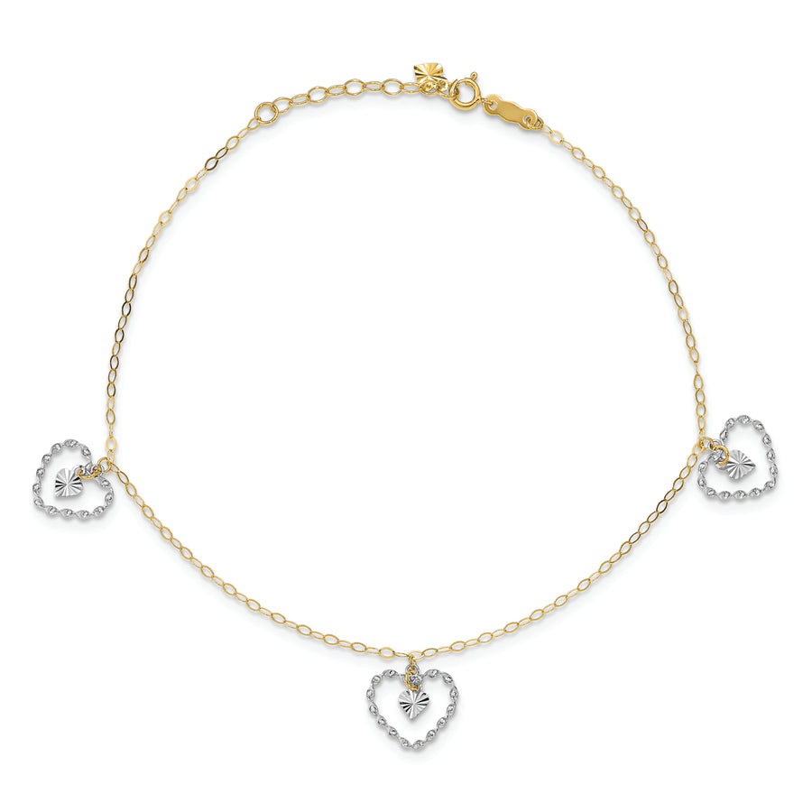 Tobillera de Oro de Dos Tonos 14K con Corazones Retorcidos y Diamond-Cut de 9 Pulgadas + 1 Pulgada de Extensor