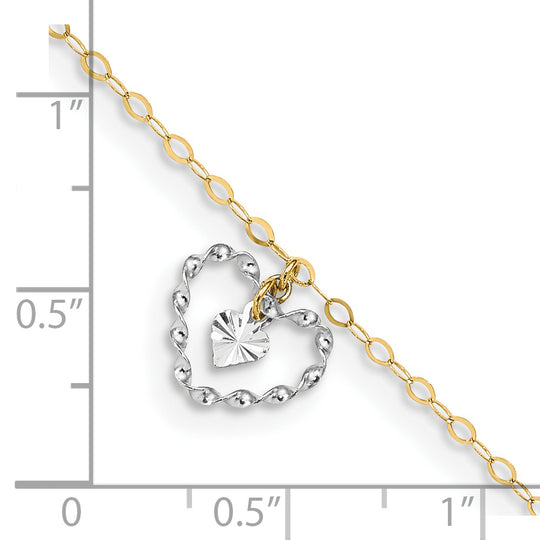 Tobillera de Oro de Dos Tonos 14K con Corazones Retorcidos y Diamond-Cut de 9 Pulgadas + 1 Pulgada de Extensor