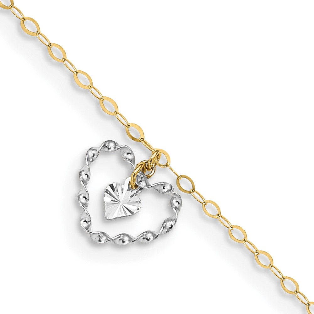 Tobillera de Oro de Dos Tonos 14K con Corazones Retorcidos y Diamond-Cut de 9 Pulgadas + 1 Pulgada de Extensor