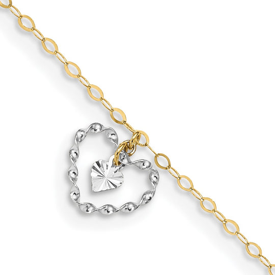 Tobillera de Oro de Dos Tonos 14K con Corazones Retorcidos y Diamond-Cut de 9 Pulgadas + 1 Pulgada de Extensor
