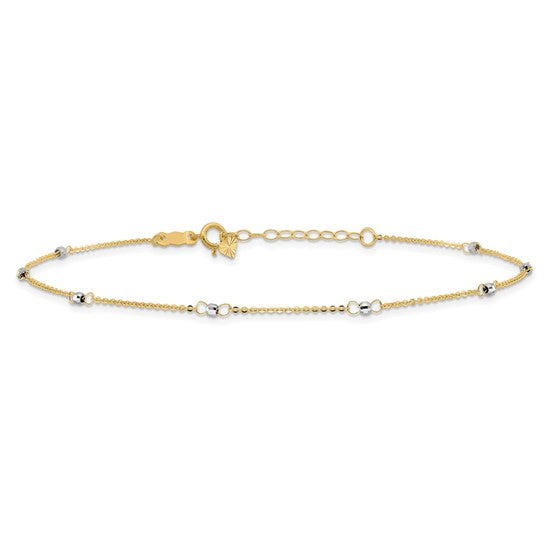Tobillera de Cable Bicolor de 14K con Cuentas de Espejo de 9 Pulgadas + Extensión de 1 Pulgada
