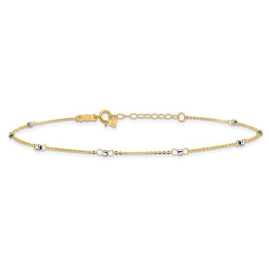 Tobillera de Cable Bicolor de 14K con Cuentas de Espejo de 9 Pulgadas + Extensión de 1 Pulgada