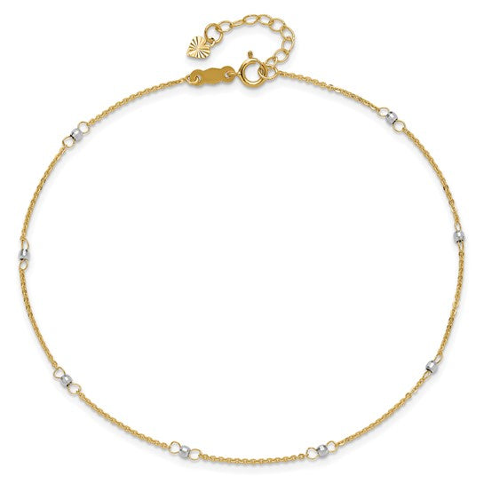 Tobillera de Cable Bicolor de 14K con Cuentas de Espejo de 9 Pulgadas + Extensión de 1 Pulgada