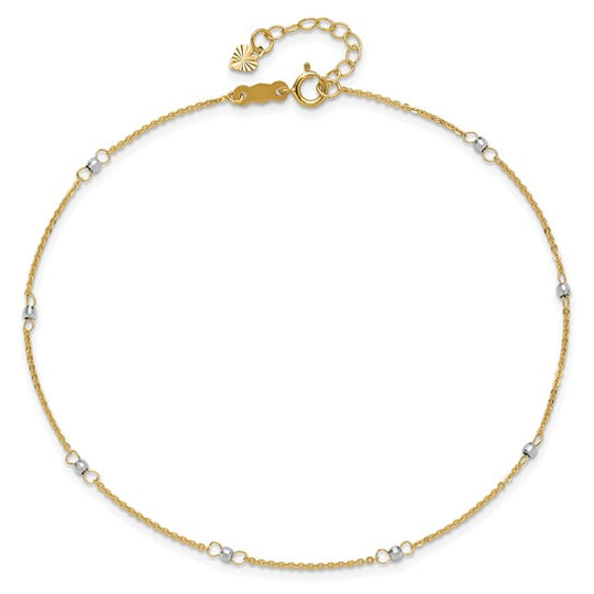 Tobillera de Cable Bicolor de 14K con Cuentas de Espejo de 9 Pulgadas + Extensión de 1 Pulgada